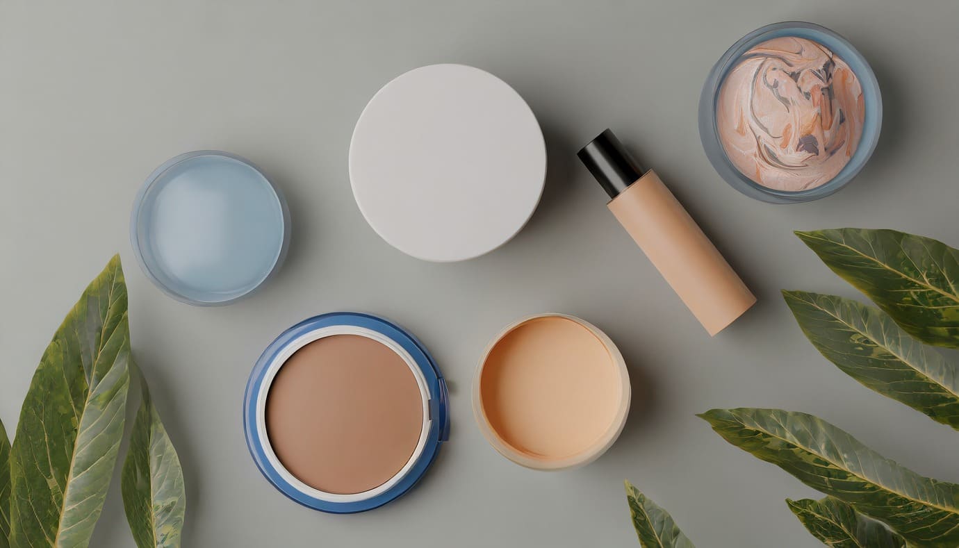 Top view of skincare-infused makeup products in assorted packaging
