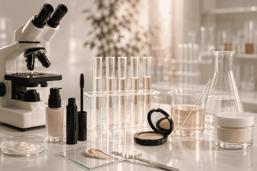 Cosmetic testing lab with makeup formulas, samples and laboratory equipment