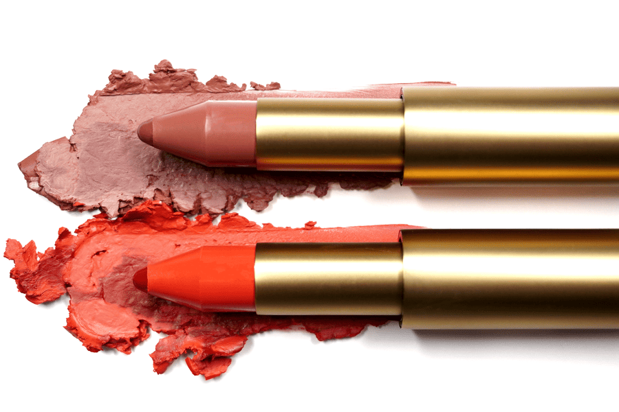 Dual-core lipsticks with nude and coral creamy swatches