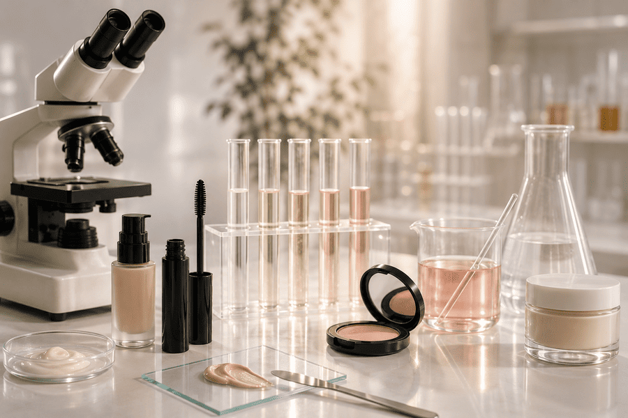 Cosmetic testing lab with makeup formulas, samples and laboratory equipment
