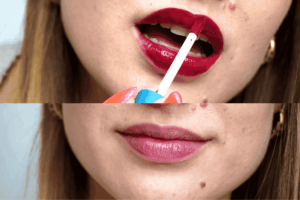 Before and after comparison of dark red lip stain application