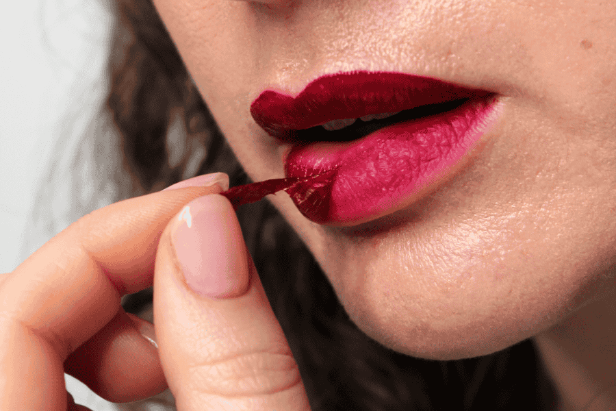 Close-up of a woman peeling off dark red lip tint film